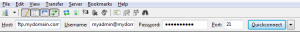 Example quick connect settings in FileZilla. No encrypted communication available.