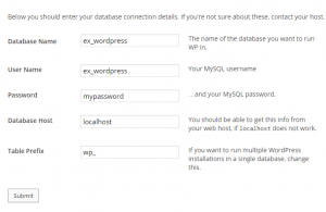 WordPress database settings following this walkthrough.