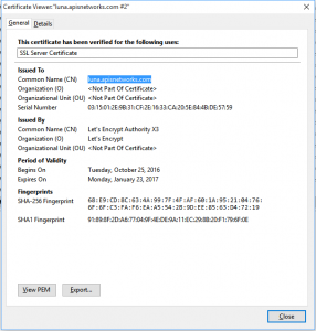 SSL certificate mismatch inspection after clicking "View" in the "Add Security Exception" dialog